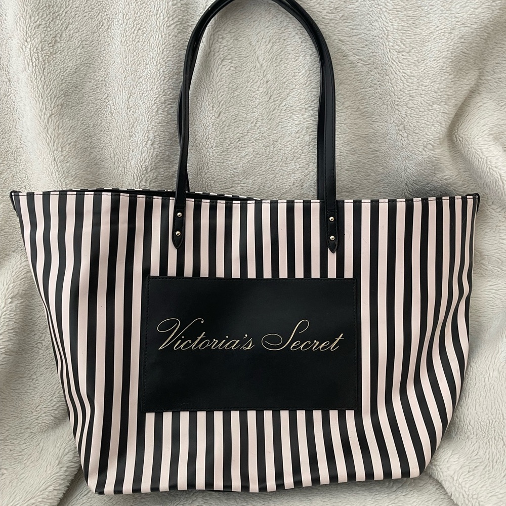 Victoria Secret Logo Pink & Black Striped Tote Bag NWOTS